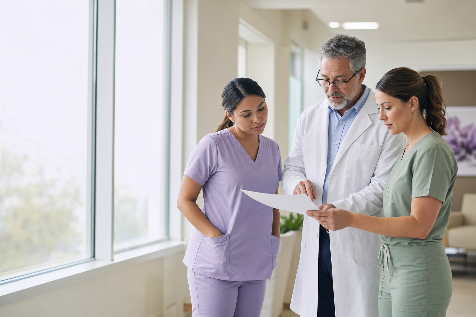 A specialist physician collaborating with two clinical care-team members